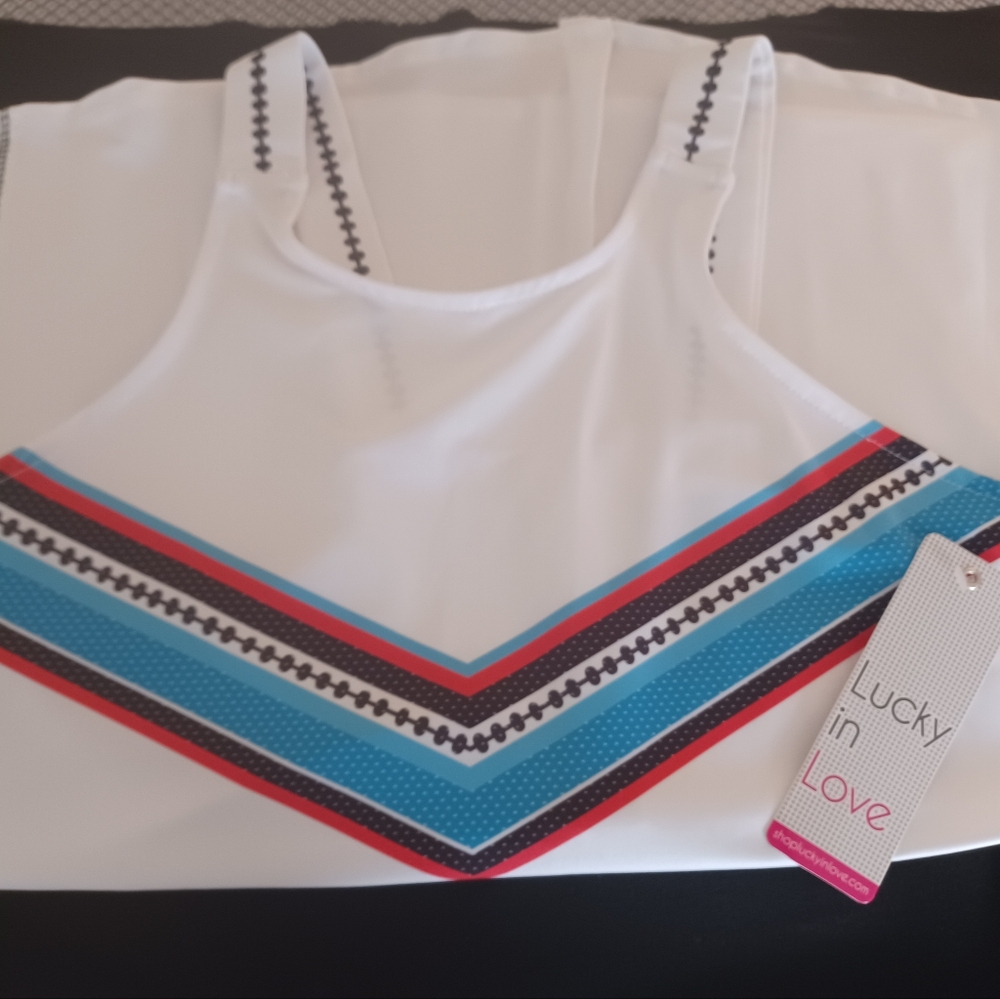 Lucky in Love White Tank Top with Blue, Red, and Black Stripes